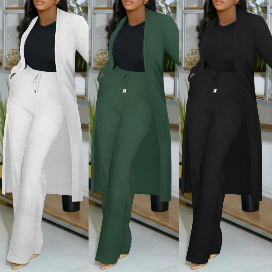 Ensemble deux pièces cardigan long et pantalon large à rayures enfoncées